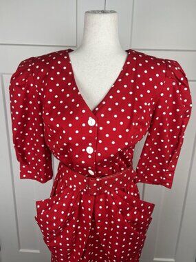 Vintage Choon California Red White Polka Dot Dress Belted Tulip Bubble Pocket 12